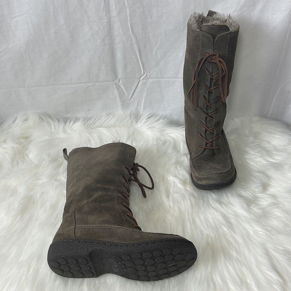 Sam  Edelman Mateo Grey Suede Faux Fur Lined Lace‎ Up Boots Sz 6.5
